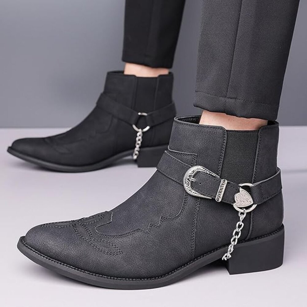 Men's Hand Embroidery Cowboys Chelsea Boots with Chain Buckle-BLK